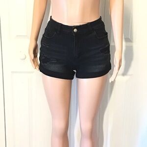 SHEIN Black Wash Ripped Cuffed Hem Stretch Denim Shorts Size 32